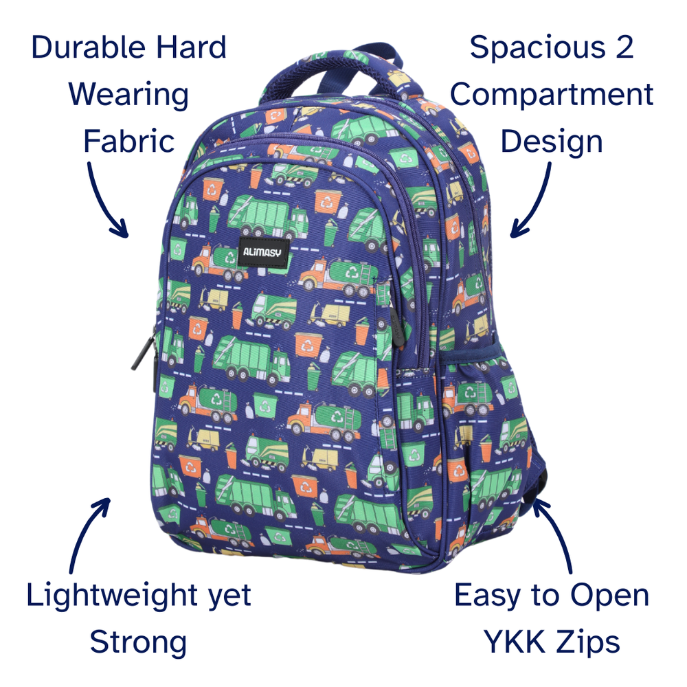 Backpack with recycling-themed design on a white background, featuring text highlighting features.