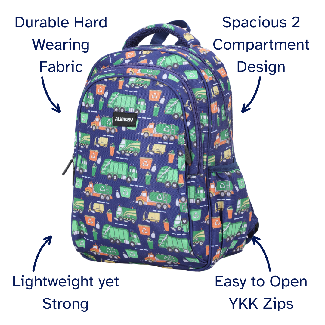 Backpack with recycling-themed design on a white background, featuring text highlighting features.