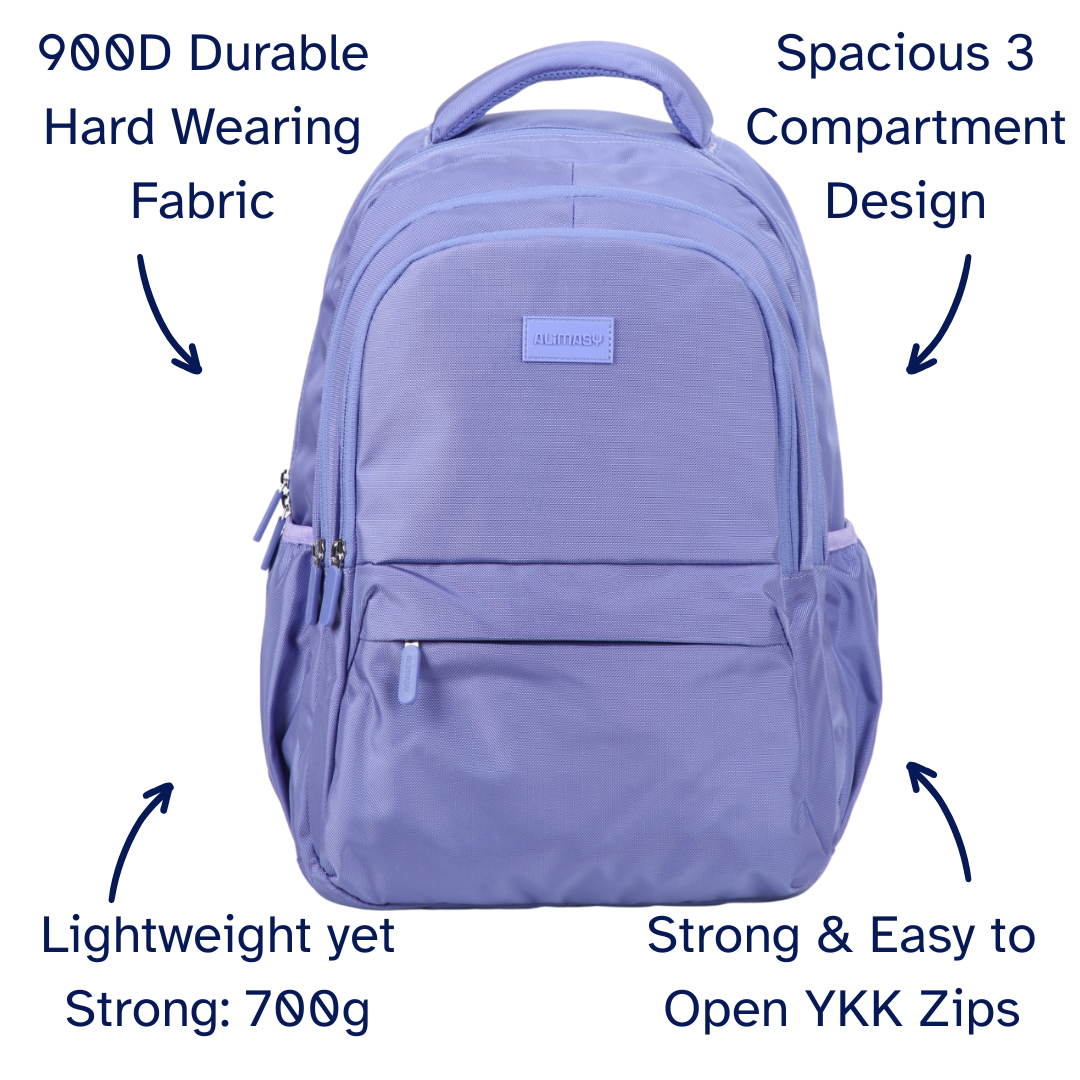 Purple ladies backpack with features highlighted on a white background