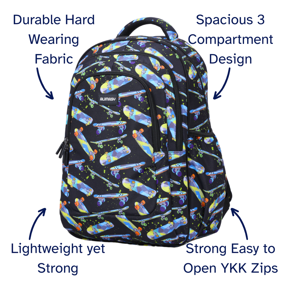Black backpack with colorful skateboard design on a white background, featuring text highlighting features.