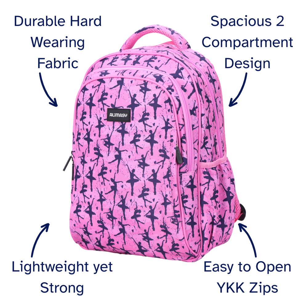 Pink backpack with ballet dancer design, labeled for features on a white background