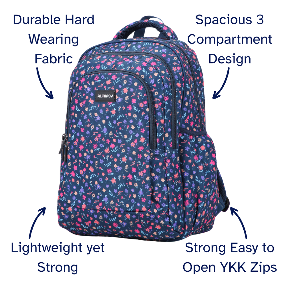 Floral-patterned backpack with features highlighted on a white background