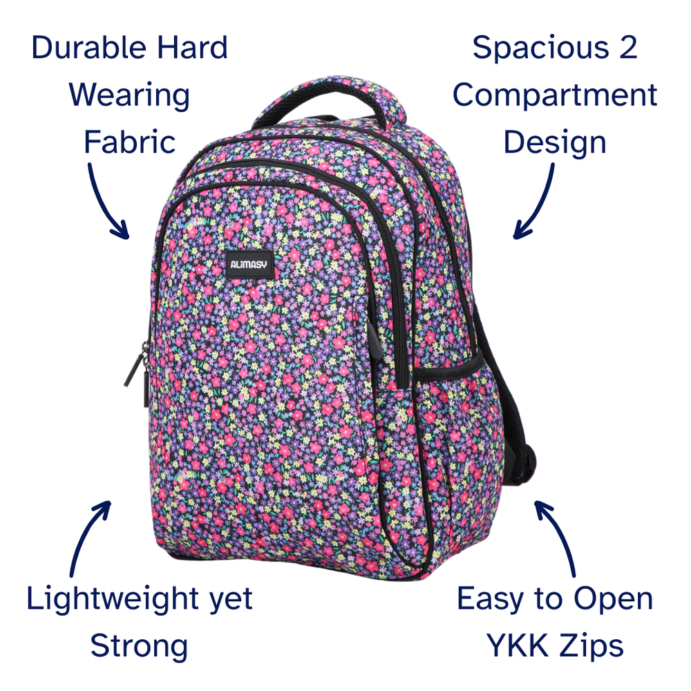 Floral patterned kids backpack with features highlighted on a white background