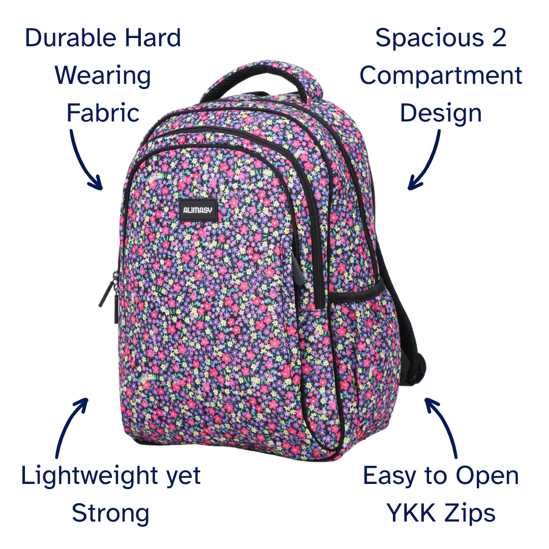 Floral patterned kids backpack with features highlighted on a white background