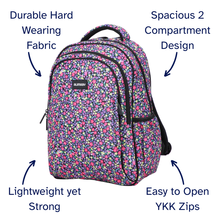 Floral patterned kids backpack with features highlighted on a white background