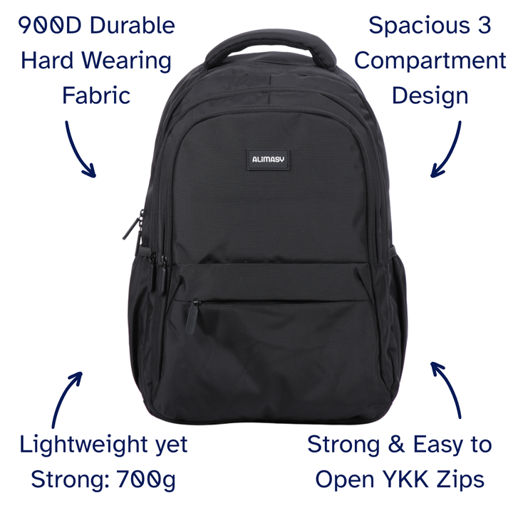 Black backpack with features highlighted on a white background