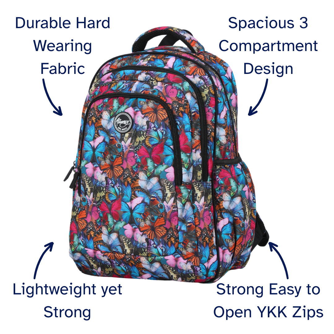 Colorful butterfly-patterned backpack with features highlighted on a white background