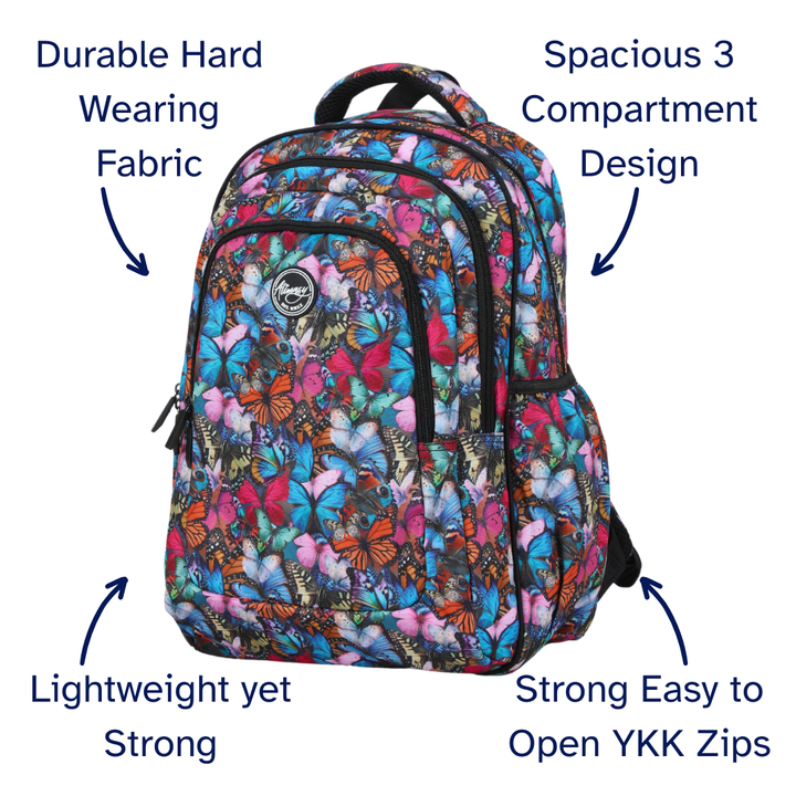 Colorful butterfly-patterned backpack with features highlighted on a white background