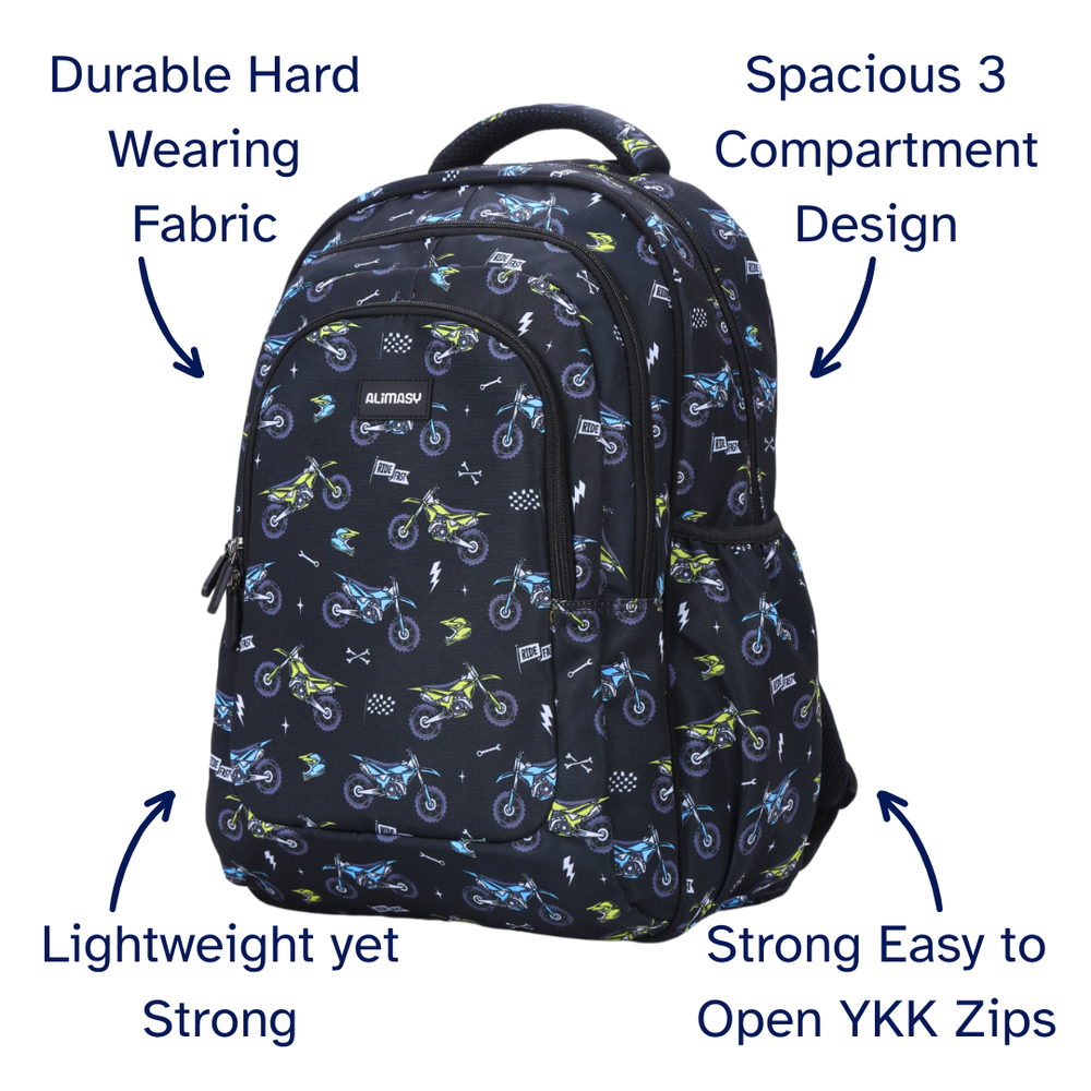 Black backpack with motorcycle pattern and features listed on a white background