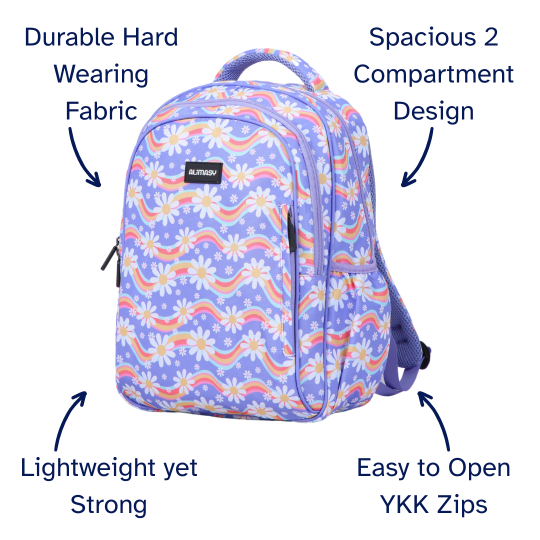 Floral-patterned purple backpack with features highlighted on a white background