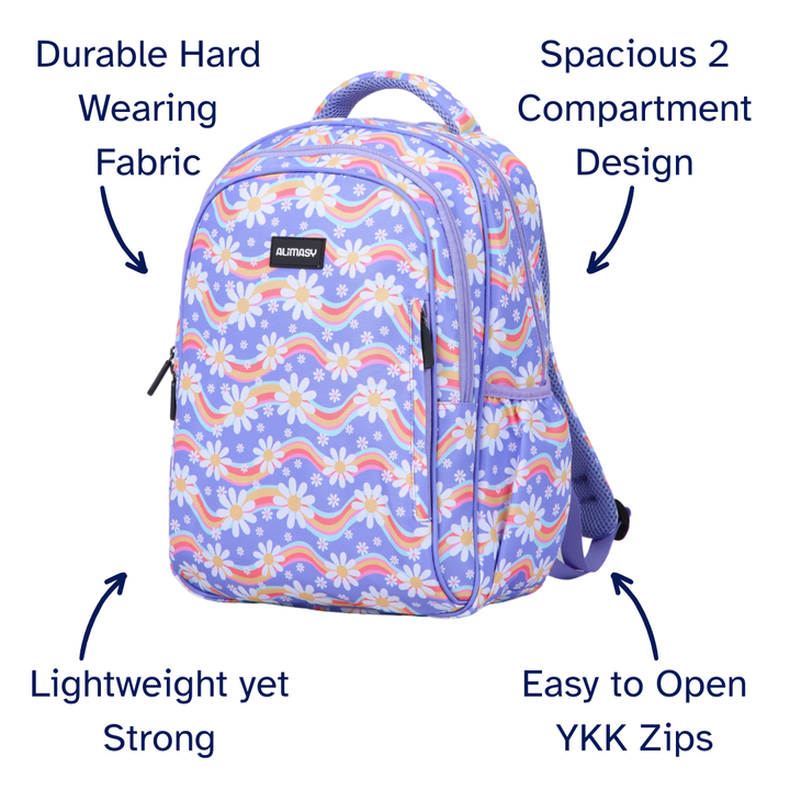 Floral-patterned purple backpack with features highlighted on a white background