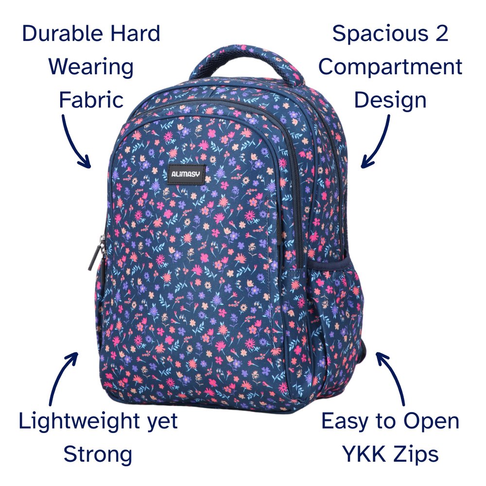 Floral-patterned backpack with features highlighted on a white background