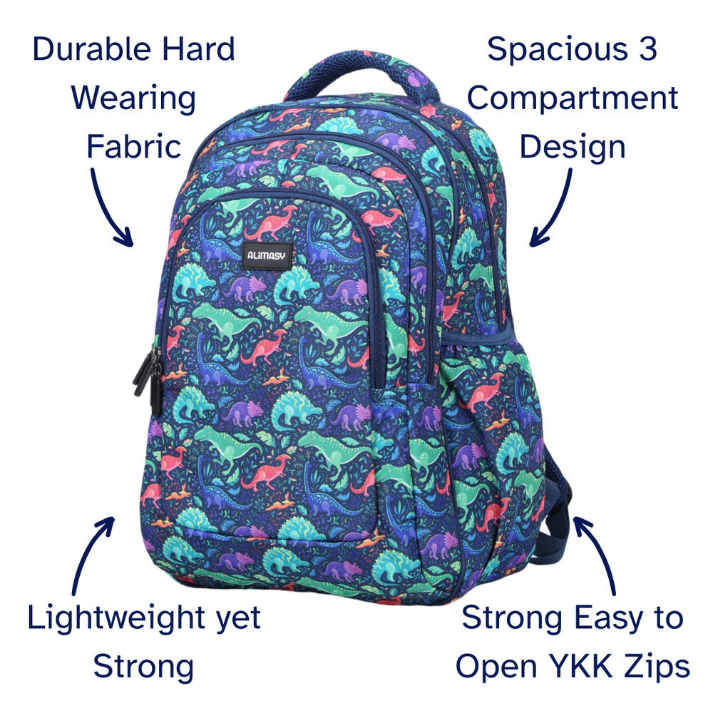 Close-up of Dinosaurs Large School Backpack Easy clean waterproof lining and durable fabric