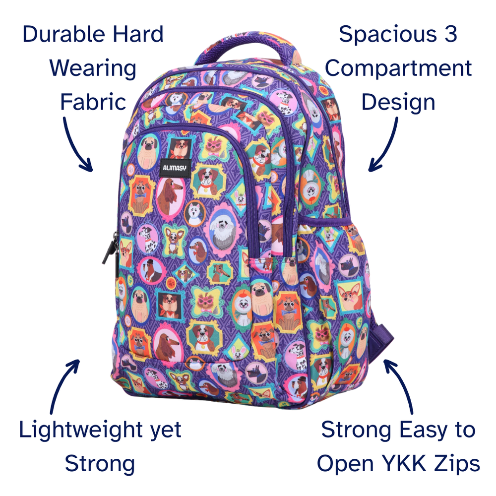Colorful backpack with dog pattern and text highlighting features on a white background