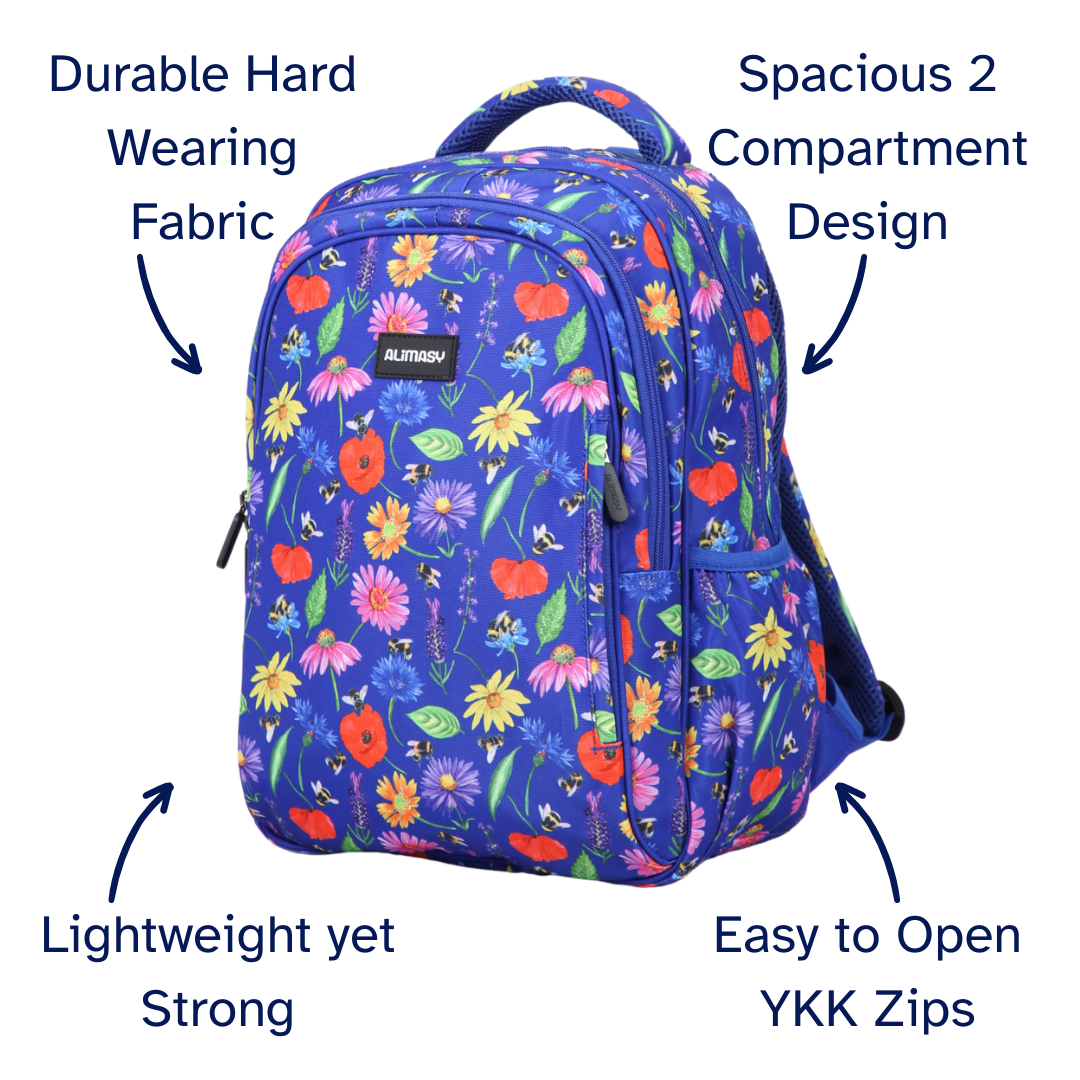 Blue Bees & Wildflowers Midsize Kids Backpack lightweight waterproof school bag for boys and girls