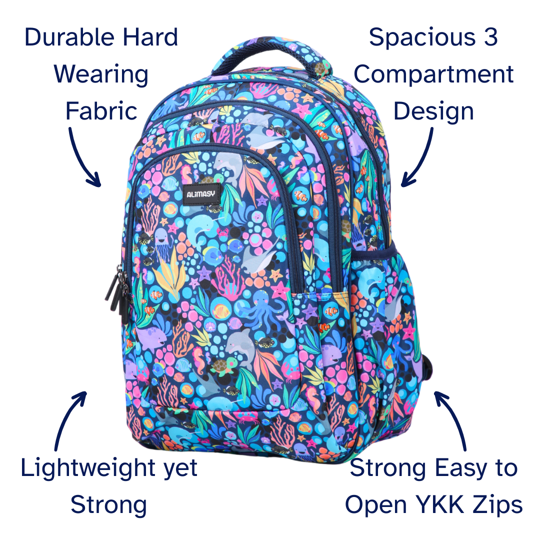 Colorful sea creatures blue backpack with text highlighting features on a white background