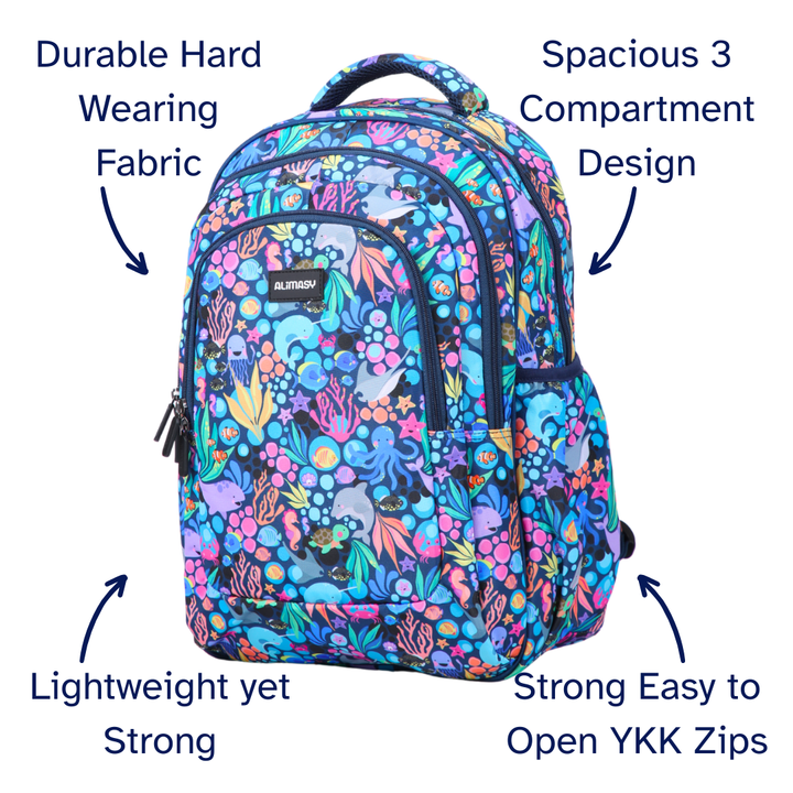 Colorful sea creatures blue backpack with text highlighting features on a white background