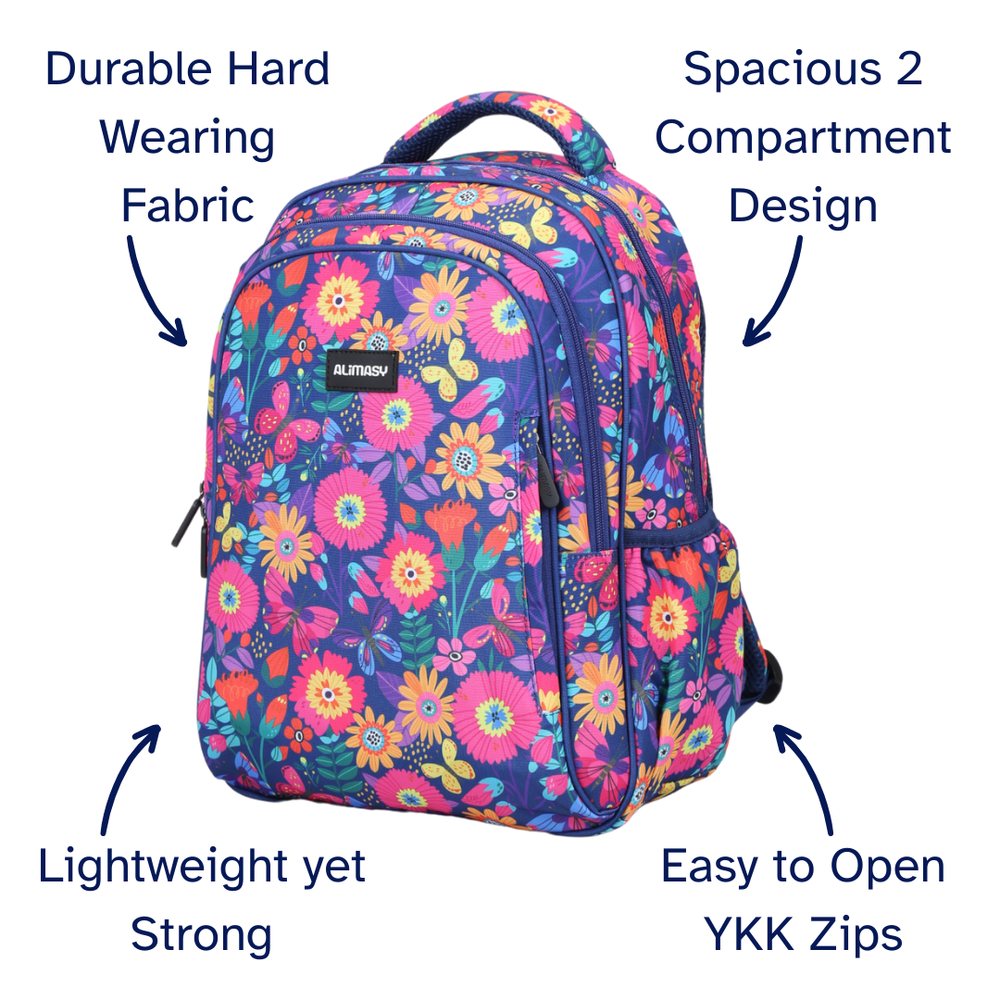 Pink Girls Floral backpack with butterflies with features highlighted on a white background