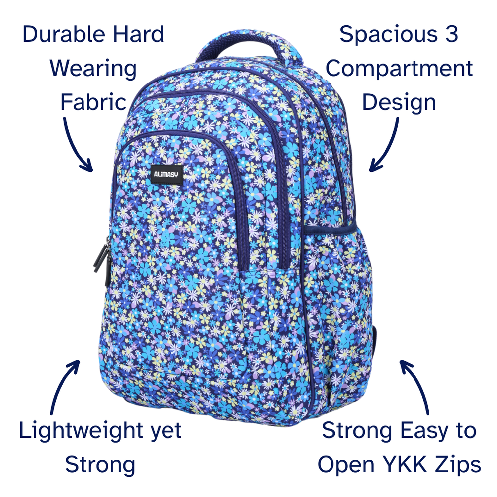Floral-patterned backpack with features highlighted on a white background