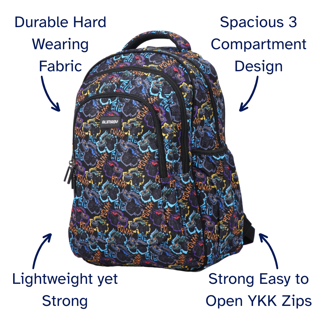 Multicolored backpack with text highlighting features on a white background