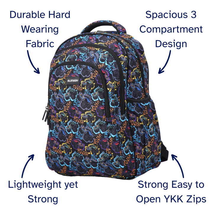 Multicolored backpack with text highlighting features on a white background