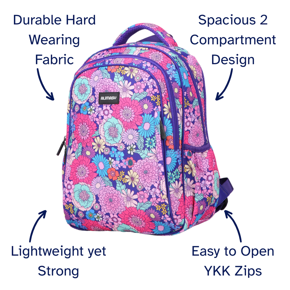 Floral pink and purple patterned kids backpack with features highlighted on a white background