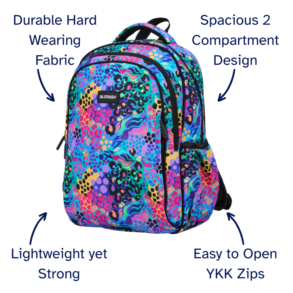 Colourful rainbow leopard print backpack with text highlighting features on a white background