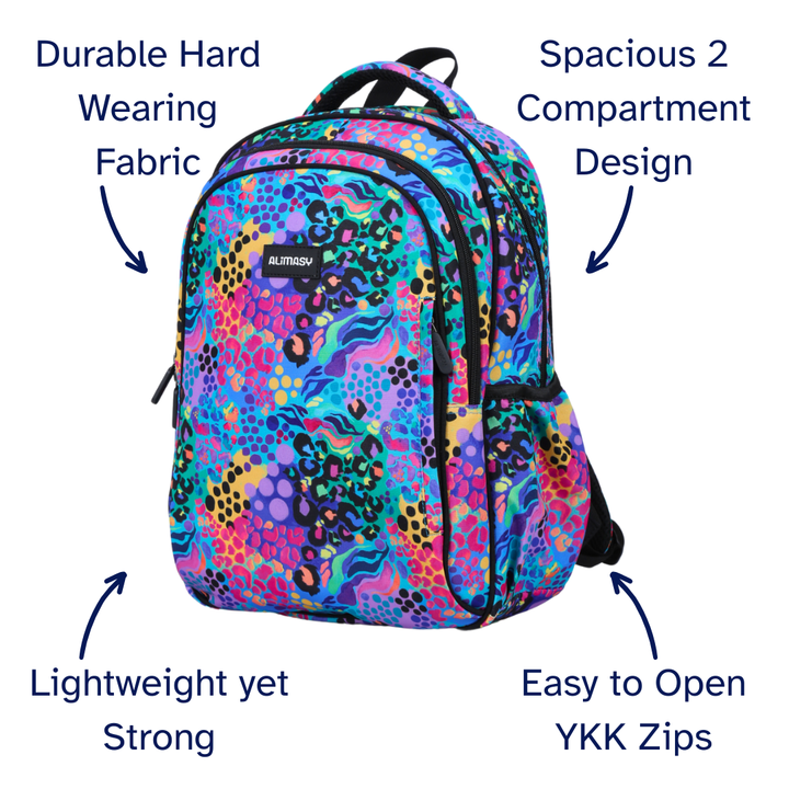 Colourful rainbow leopard print backpack with text highlighting features on a white background