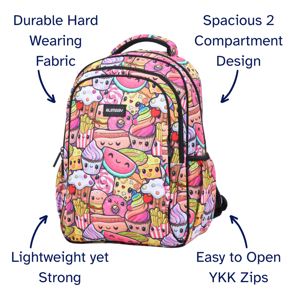 Colorful backpack with cartoon food design, labeled features on a white background
