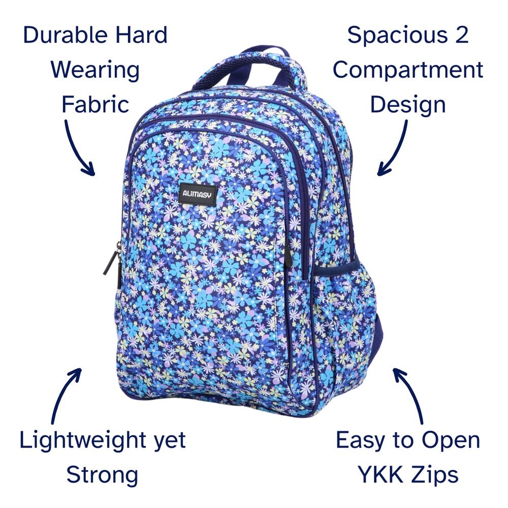 Blue floral kids backpack with main features labeled on a white background
