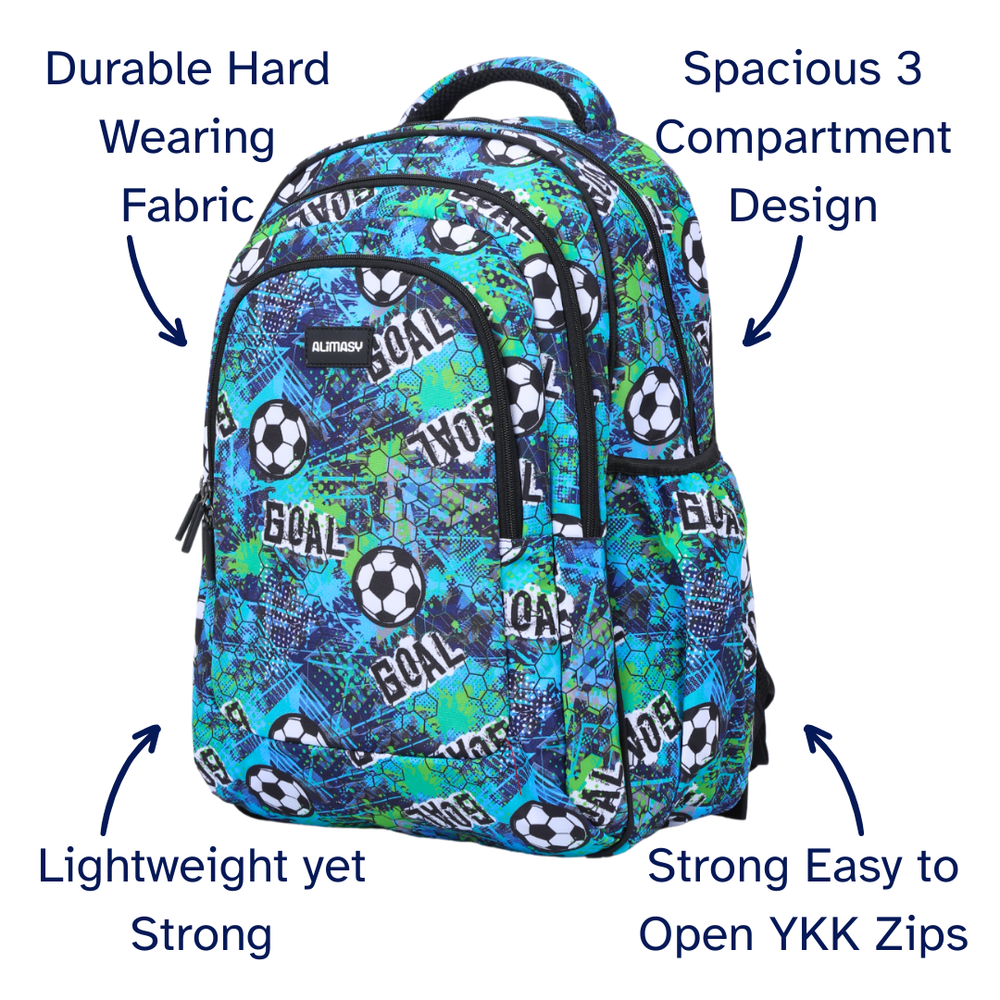 Backpack with soccer ball pattern and feature text on a white background