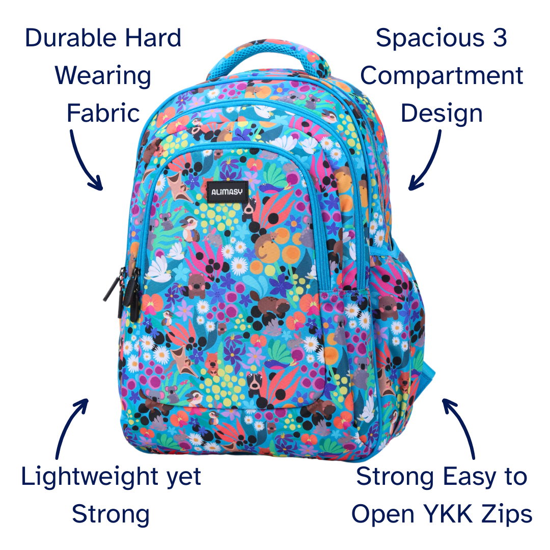 Front view of Australian Animals Large School Backpack Durable kids backpack with spacious compartments