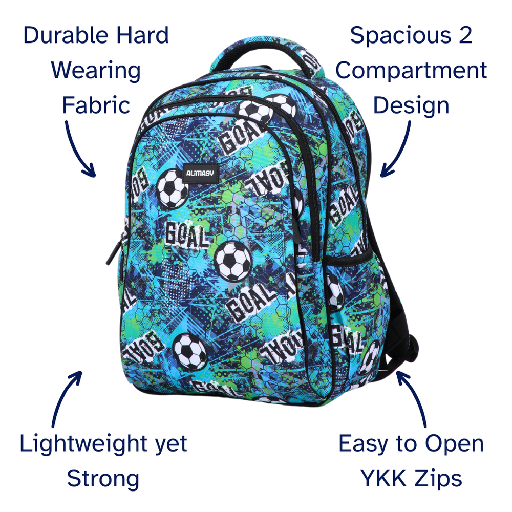 Soccer Football Backpack with features highlighted on a white background