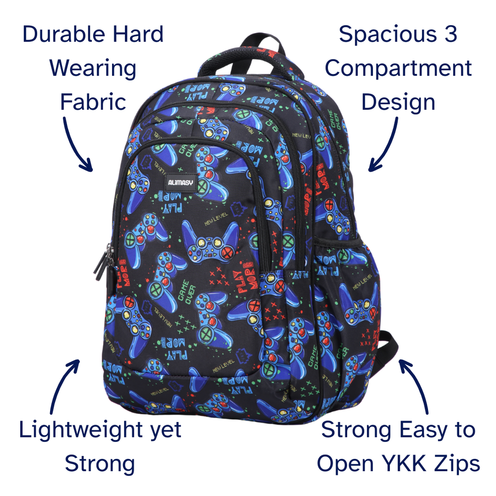 Backpack with gaming controller pattern and feature text on a white background