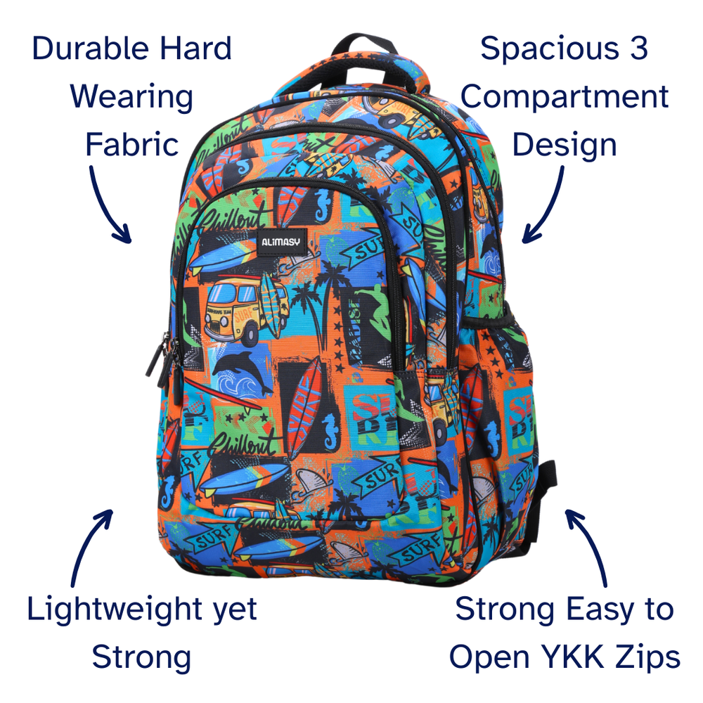 Colorful backpack with text highlighting features on a white background