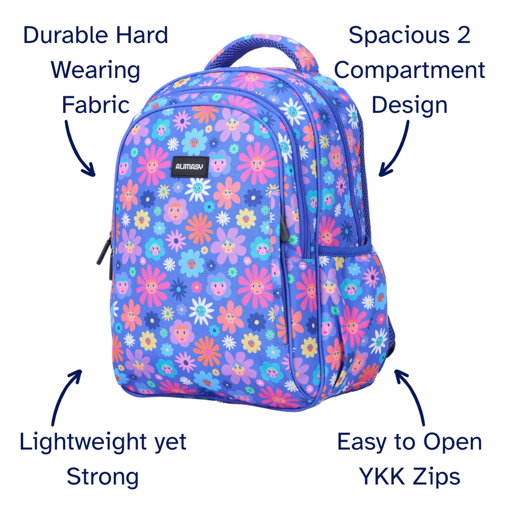 Blue Floral-patterned kids backpack with features highlighted on a white background