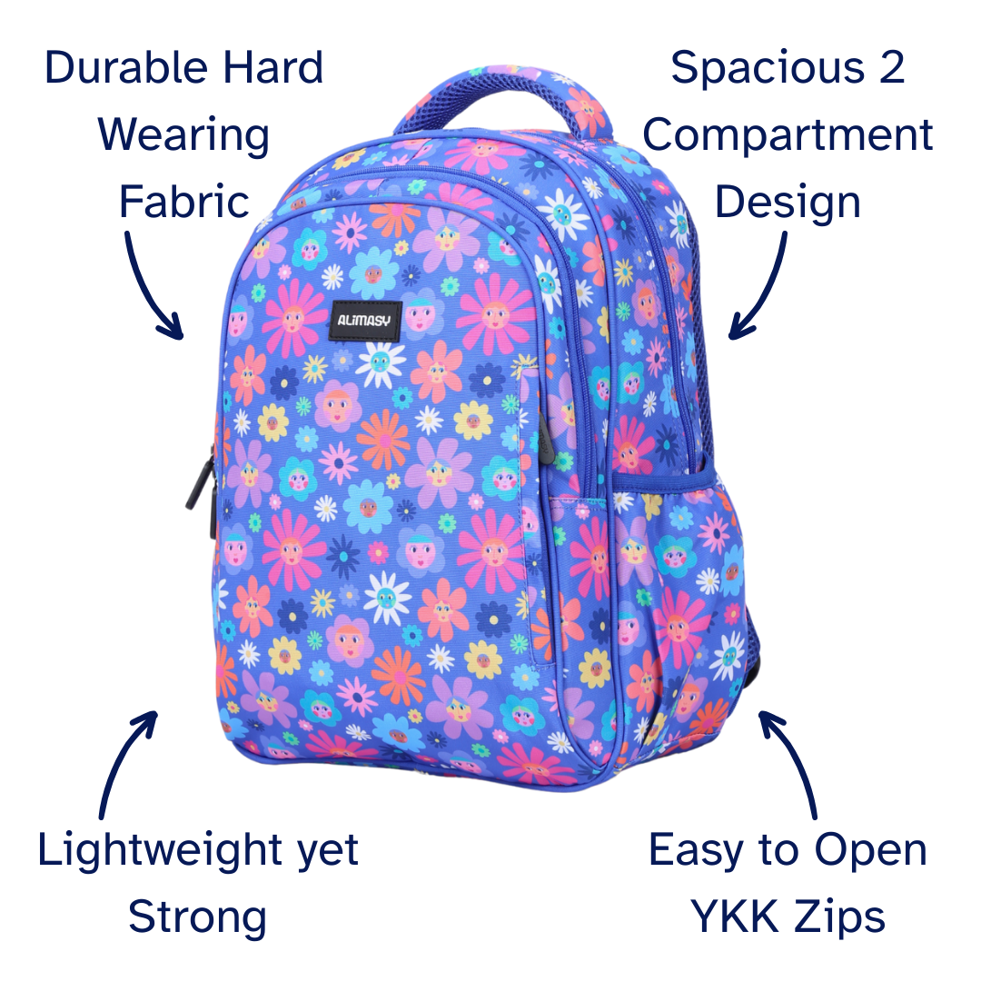 Blue Floral-patterned kids backpack with features highlighted on a white background
