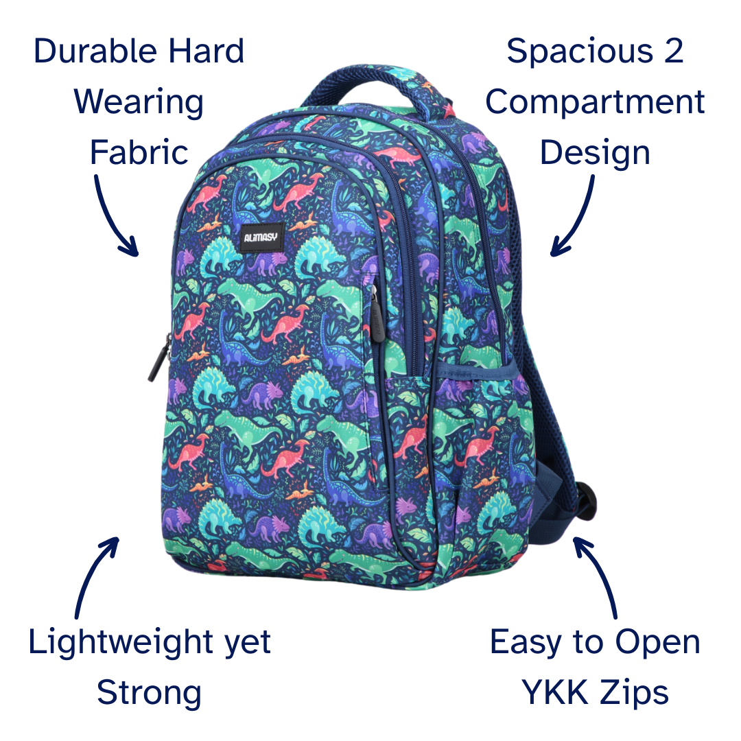 Backpack with Green dinosaur pattern and features listed on a white background