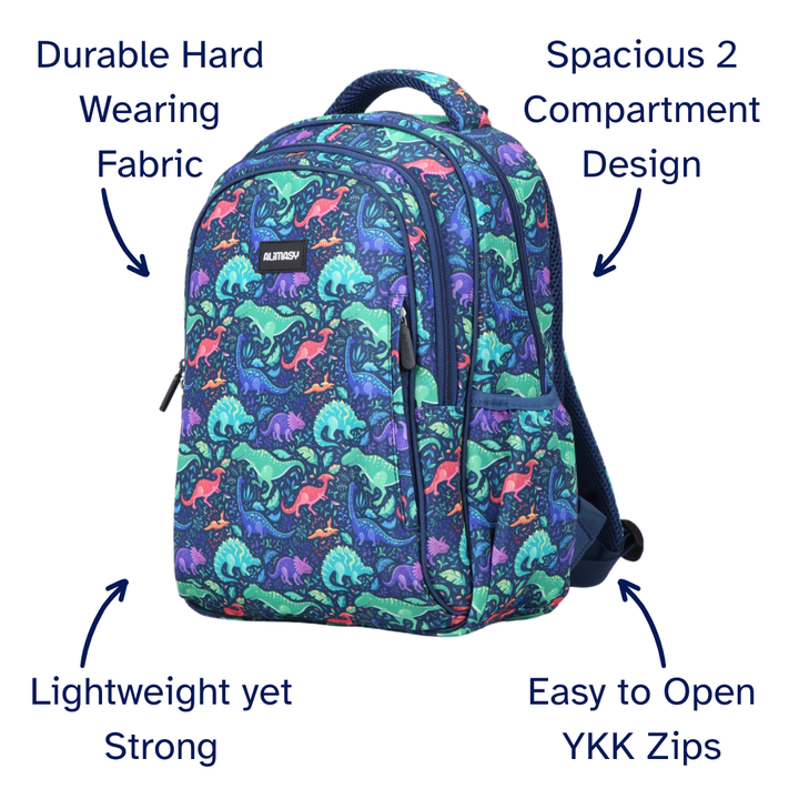 Backpack with Green dinosaur pattern and features listed on a white background