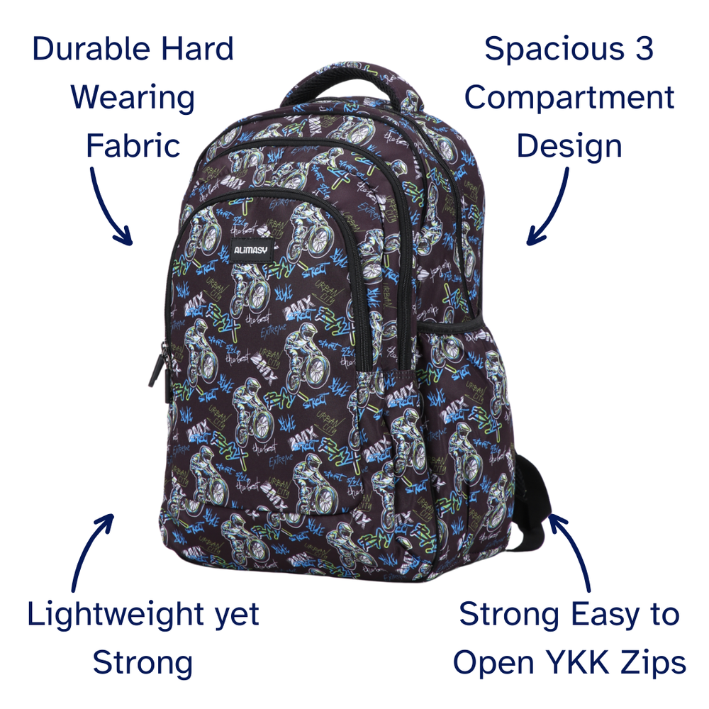 Angled view of BMX Large School Backpack. Lightweight yet strong with YKK zips