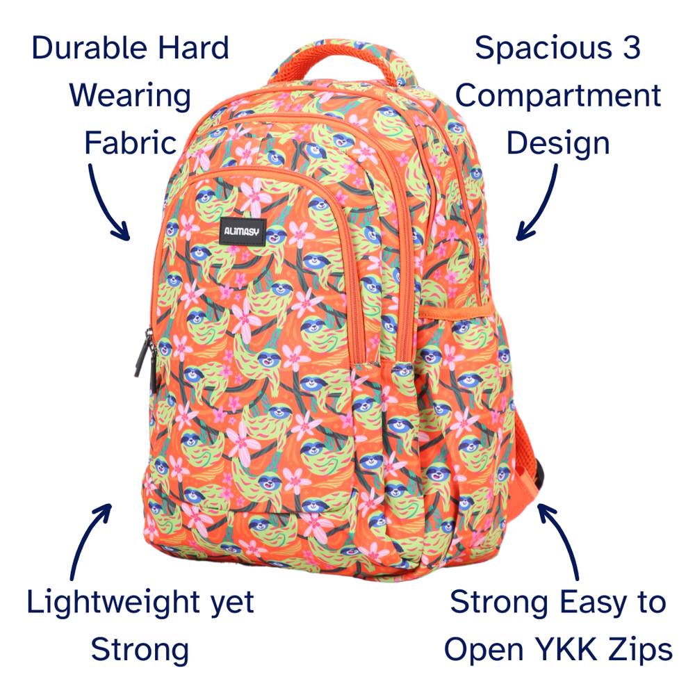 Colorful orange backpack with floral and sloth pattern and text highlighting features on a white background