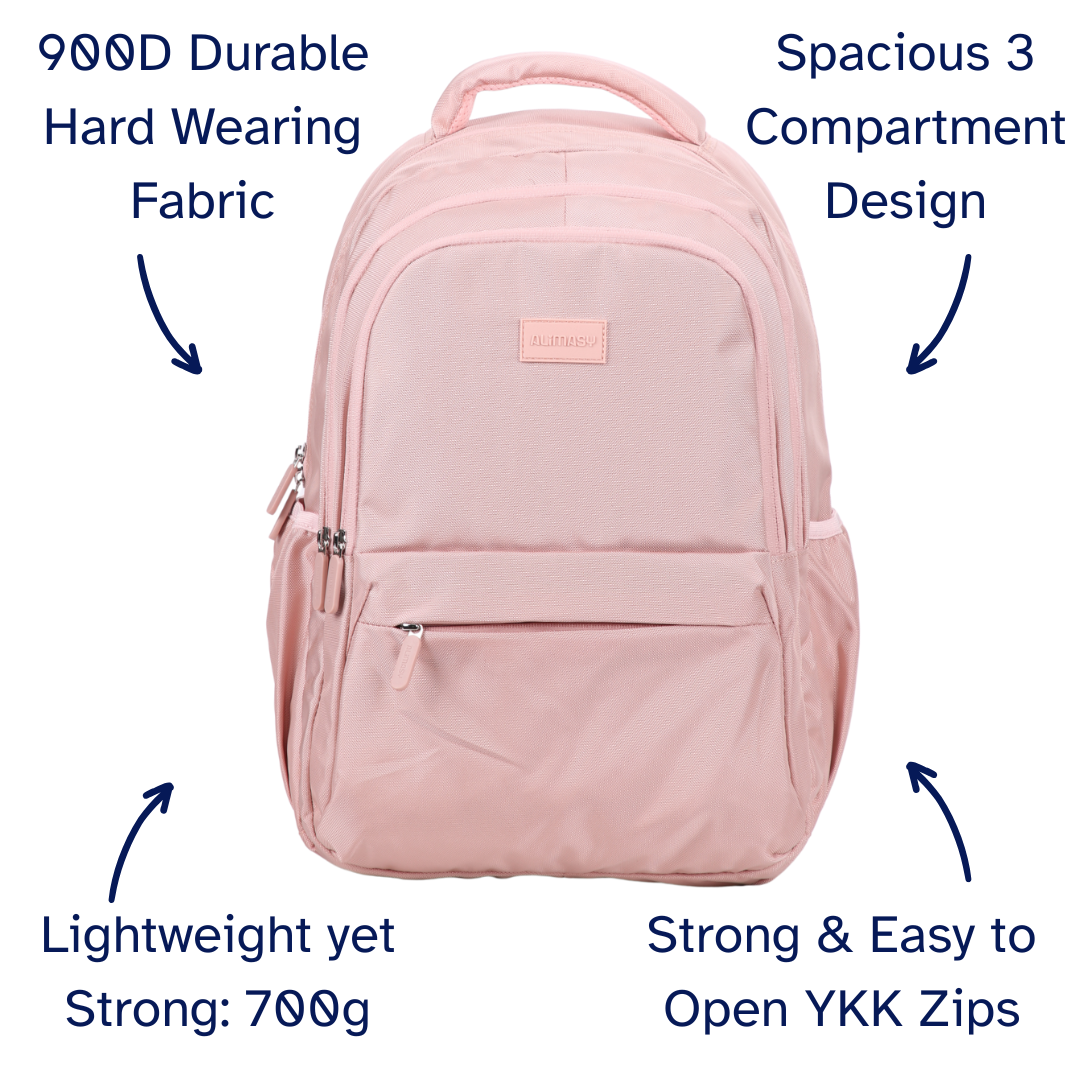 Pink backpack with features highlighted on a white background