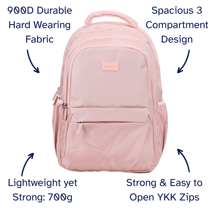 Pink backpack with features highlighted on a white background