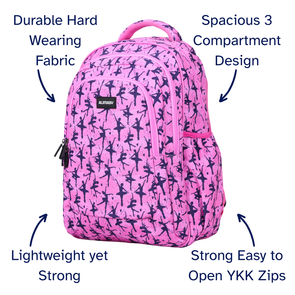 Pink backpack with navy ballet dancer patterns and feature text on a white background