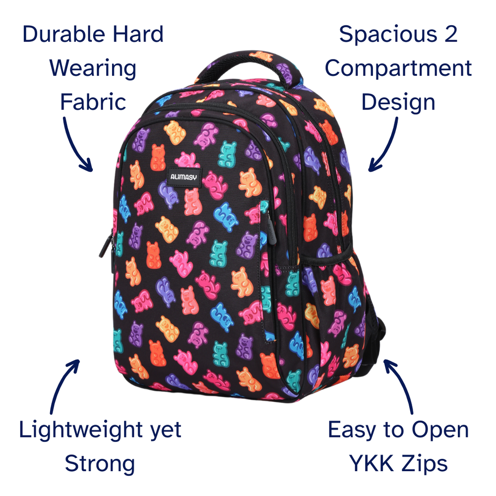 Backpack with colourful gummy bear pattern and feature text on a white background