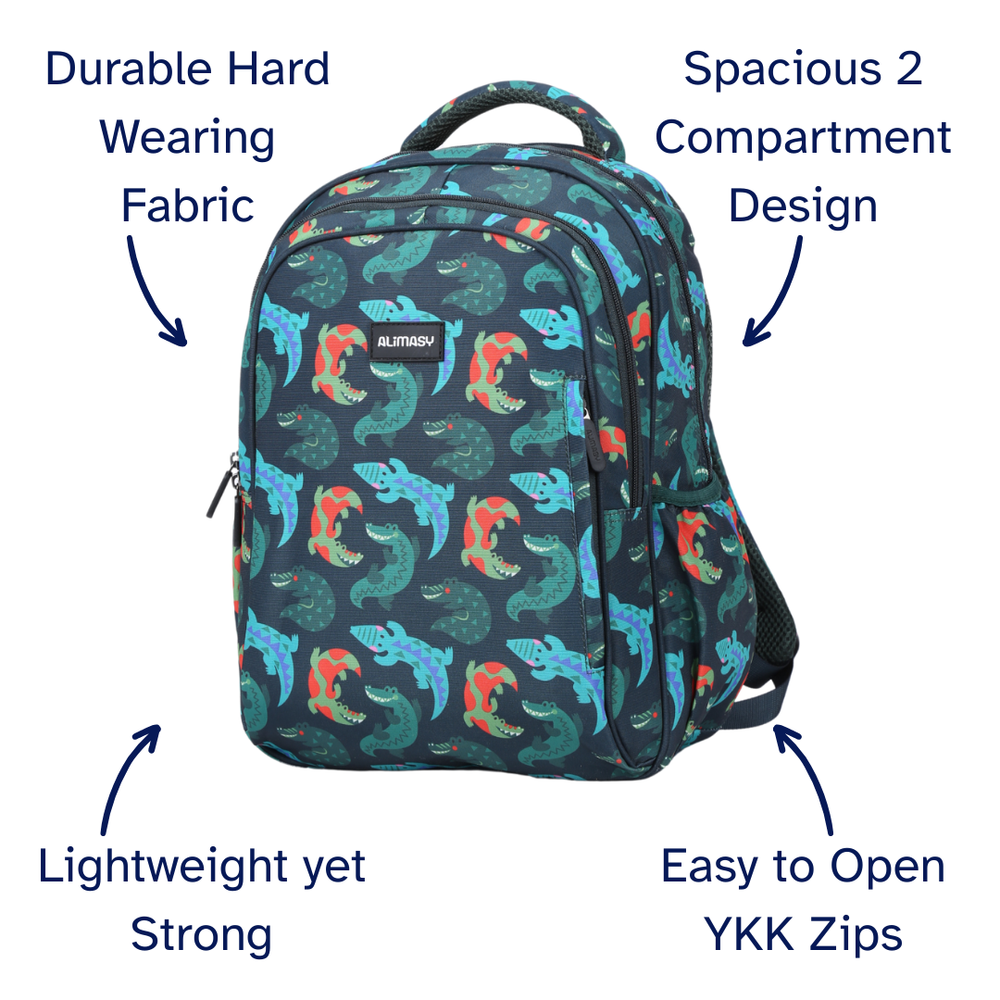 Backpack with alligator pattern and features listed on a white background