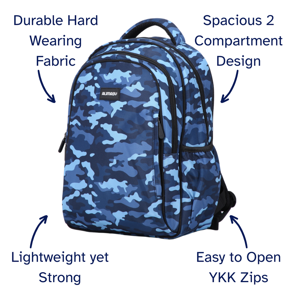 Blue camouflage backpack for school bag with features labeled on a white background