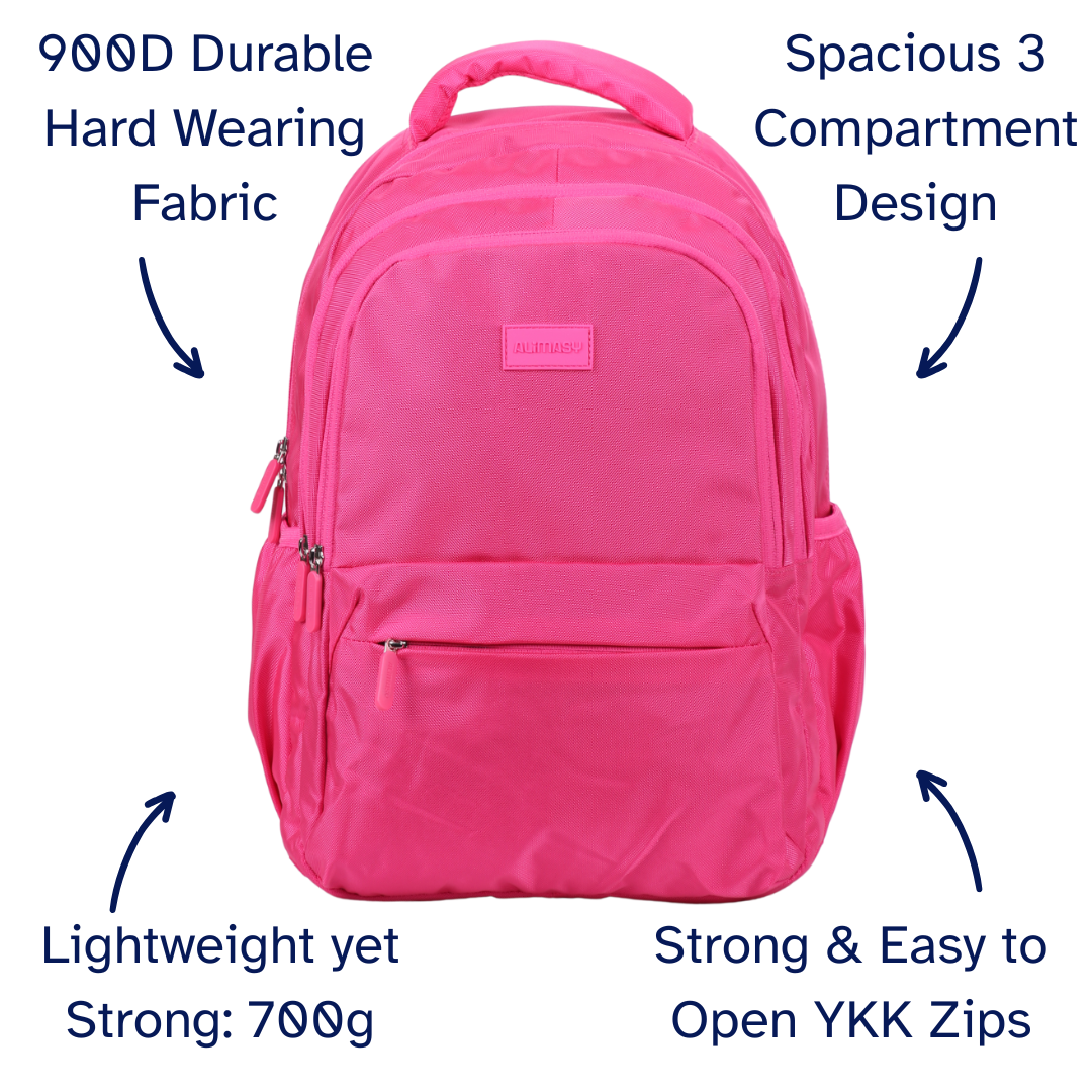 Pink backpack with features highlighted on a white background