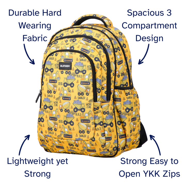 Yellow backpack with truck pattern on a white background, featuring text highlighting features.