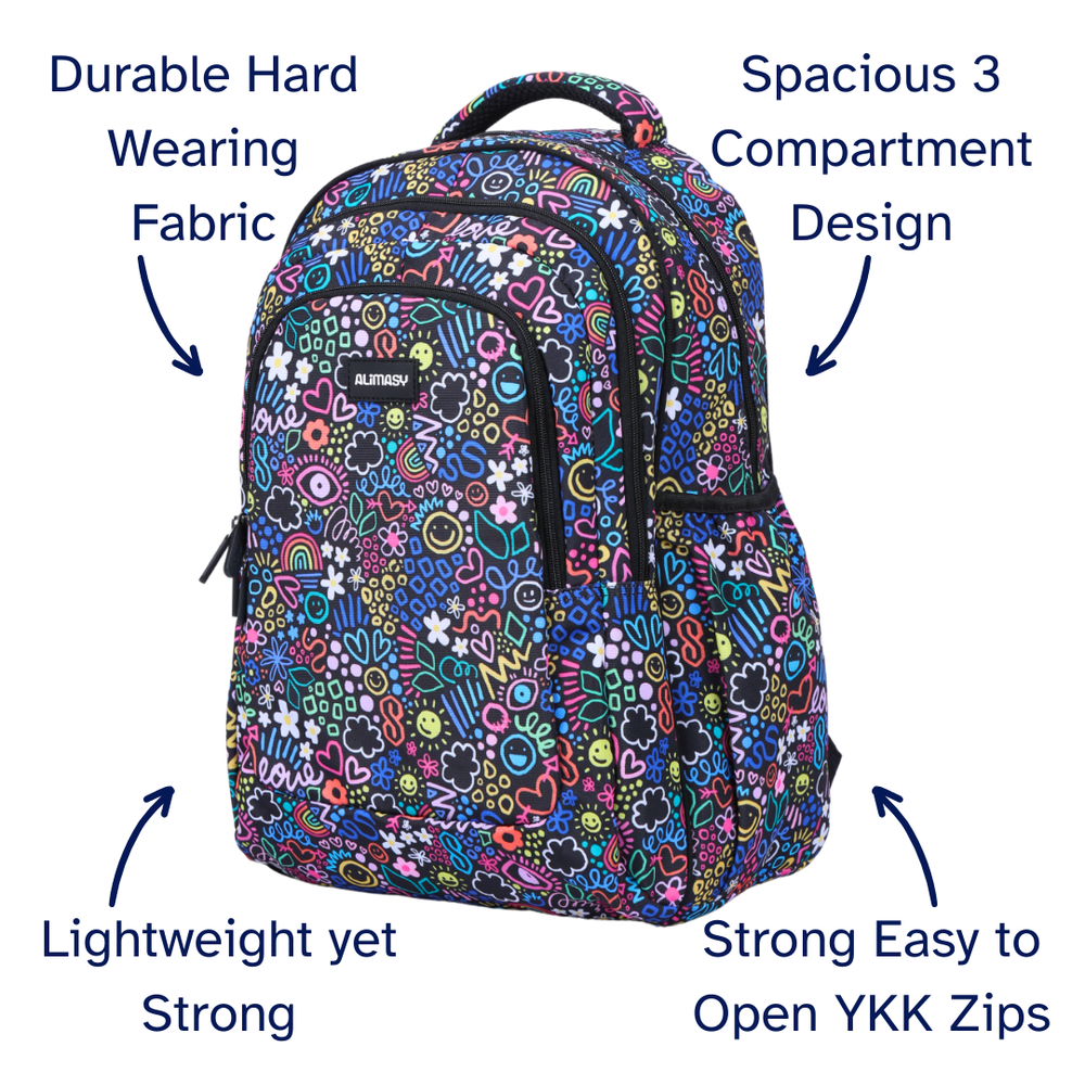 Colorful patterned backpack with text highlighting features on a white background